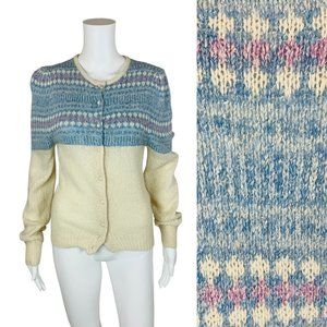 Vintage 60s Nordic Blue Cardigan Silk Angora Blend Fair Isle Sweater B 32"